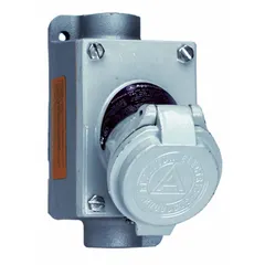 This hazardous location pin and sleeve receptacle is rated for 18V DC and 125-250V AC, single phase, 20 A, with 3 poles. It is designed for use in environments where explosive gases or combustible dusts may be present, such as refineries and chemical plants.