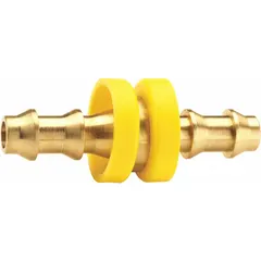 This brass push-on hose fitting features male x male, rigid configuration with 3/4 in x 3/4 in hose barb connections. Designed for air, water, and chemical transfer, it enables secure push-on assembly without clamps. Suitable for industrial fluid handling systems requiring reliable barbed connections.
