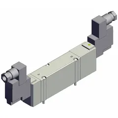 Double solenoid, five-way/three-position directional control valve with closed center and spring return to center. Features 5 ports, 24V DC operation, DIN solenoid connector, internal pilot, and non-locking manual override. Used in pneumatic automation systems to control air flow to actuators and cylinders.