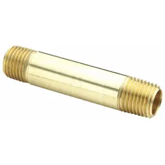 Brass pipe nipple with 1/8 in nominal pipe size, 2 in overall length, and Male NPT x Male connections. Rated for maximum operating pressure of 1000 psi and maximum steam pressure of 1000 psi. Used to connect two male NPT threaded fittings in instrumentation, pneumatic, and low-pressure steam systems.