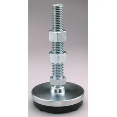 This vibration-damping male leveling mount features a 2.5 in type, 1/2"-13 thread size, and 3,000 lb load capacity. It has a round plain base with an elastomer thrust pad, 3/4 in hex size, and includes (2) jam nuts with mounting holes. Used for leveling and stabilizing industrial machinery while reducing vibration and noise.
