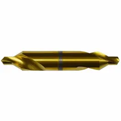 This double-end plain-tip center drill is used to create precise conical starting holes in workpieces for lathe turning or grinding operations. The 60° included angle and TiN coated cobalt construction provide heat resistance for repeated use in machining centers and manual lathes.