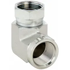 This steel hydraulic hose adapter features a 90° swivel elbow design with female NPSM and NPTF threads, allowing connection between components with different thread standards. The swivel function simplifies routing in confined spaces, commonly used in fluid power systems for machinery and hydraulic equipment.