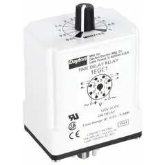 This socket-mounted time delay relay is rated for 10 A at 120V AC/DC and features 8 pins/terminals. It is used to control timing sequences in industrial control panels, automation systems, and HVAC equipment, providing delayed output activation or deactivation after a trigger signal.