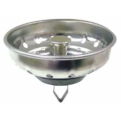 This sink drain strainer is made of stainless steel with a silver finish. It features a push-and-twist connection for installation. Designed to catch debris while allowing water to flow, it is suitable for standard sink drains in residential and commercial kitchens.