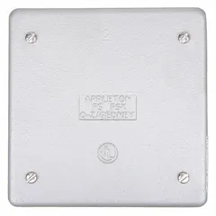 Gray iron weatherproof cover for FD/FS series boxes. Two-gang design with 4 5/8 in overall height. Supports horizontal or vertical mounting orientation. Used to protect electrical connections in outdoor or damp locations.