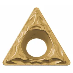 Triangle-shaped indexable turning insert with CVD Cerment coating. Used for finish turning of steels and cast irons. Sharp cutting edge and wear-resistant coating support consistent surface finish in lathe operations.