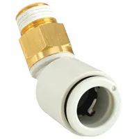 Push-to-connect elbow fitting for 4 mm OD tubing to 1/8" BSPT threaded port. Brass construction with white finish. Used in pneumatic systems for connecting tubing to ports in automation and fluid handling applications