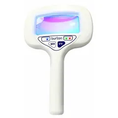 Handheld magnifier providing 2.25x magnification and 3288 lux illumination at 6 inches, with a color temperature of 3800K and 95 CRI. Operates on 100 to 240V AC via an AC adapter. Includes an ultraviolet light source for inspection and examination tasks in medical, laboratory, and industrial settings.