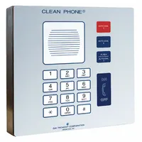 Cordless surface-mount speakerphone for indoor cleanroom environments. Features auto-connect and a flash button, with PSTN network protocol. Housed in a chemical-resistant stainless steel enclosure for wall mounting. Suitable for healthcare facilities requiring hands-free communication