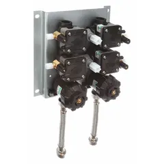 This brass air control valve is designed for use in institutional toilet systems to regulate air flow. It features a silver finish and includes mounting hardware. Overall dimensions are 8-1/4 inches in width and height.