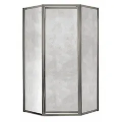 Framed neo-angle shower door with a brushed nickel finish. Overall height 70 inches, fixed panel width 18 1/2 inches, maximum door width 24 inches. Designed for corner shower installations in residential bathrooms.