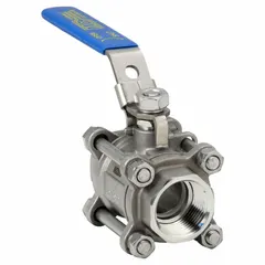 This 316 stainless steel ball valve features a 1-inch straight valve body with RPTFE seats and a locking lever handle. It is used for on/off flow control in industrial piping systems requiring corrosion resistance and secure shut-off.
