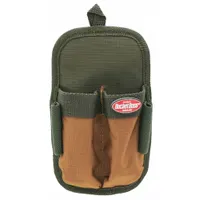 This polyester tool sheath features an open top design and a clip attachment that fits belts up to 2 inches wide. It includes two pockets for carrying screwdrivers, pliers, or knives. Suitable for tradespeople needing tool access on a belt during construction or maintenance tasks