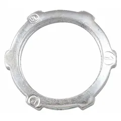 Steel locknut with zinc plating for securing threaded rigid metal conduit (RMC) or intermediate metal conduit (IMC) to boxes and enclosures. Provides mechanical retention and grounding continuity in electrical installations. For 1-inch trade size conduit.