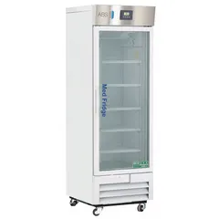 This 16 cu ft upright refrigerator maintains a temperature range of 2°C to 7°C for pharmacy and vaccine storage. It features a white swing glass door that opens to the right, uses R-290 refrigerant, and includes a temperature alarm. Overall depth is 29 3/4 inches.