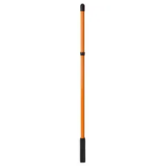 Steel digging bar with wedge-shaped end for concentrated force. Bar diameter 1 1/8 in, end width 1 1/2 in. Orange handle. Used for breaking hard soil, prying rocks, and digging trenches.