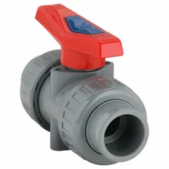 This two-piece CPVC ball valve features a straight body with socket x FNPT connections and a lever handle for quarter-turn operation. It is used in plumbing and industrial piping systems to control fluid flow, particularly in applications requiring chemical resistance.