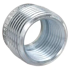 Steel reducing bushing for hazardous locations, reducing a 1-1/2 in trade size opening to 1 in. Threaded design maintains conduit system integrity in classified environments.