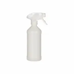 Trigger spray bottle with white bottle and clear sprayer, delivering a stream pattern. Features graduation markings, a 169 mm dip tube, and a polyethylene foam seal. Suitable for dispensing cleaning solutions or other liquids in janitorial and maintenance tasks.