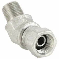 Steel hydraulic hose adapter with 1/4 in NPSM swivel female to 1/4 in NPTF male connection, 45° elbow configuration. Used to connect NPSM and NPTF threaded components in hydraulic systems, allowing hose routing in confined spaces.