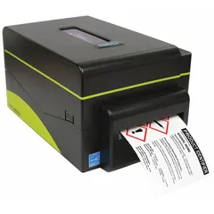 Single-color thermal transfer desktop printer for labeling and barcode printing. Connects via USB to a PC and handles die-cut labels up to 4 3/8 inches wide. Includes BT Start software, USB cable, and die-cut labels. Battery not included.