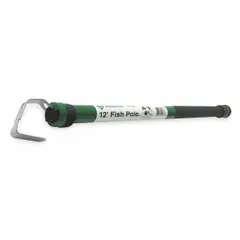 Telescoping fish stick with a single hook end, extending from 26 in to 12 ft. Rod diameter is 1 1/4 in. Used for pulling or pushing cables, wires, and ropes through walls, ceilings, and conduit runs in electrical and low-voltage installations.