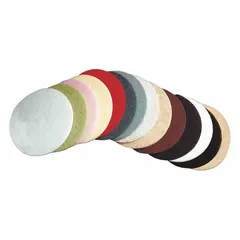 This burnishing pad is round, 19 inches in diameter, and made from a natural hair and synthetic fiber blend. Sold in a 5-pack, the white color indicates a fine finishing grade. It is used with floor burnishing machines to restore gloss on resilient flooring.