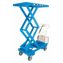 This scissor-lift table combines powered lifting with manual-push mobility for positioning loads up to 660 lb. The steel platform measures 39 3/4 in L x 20 1/2 in W. It is suited for material handling tasks such as lifting and transporting workpieces in assembly, warehousing, and maintenance operations.