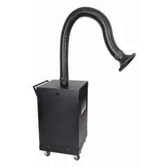 The EXTRACT-ALL SP-400 is a single-arm mobile welding fume extractor designed for source capture of airborne contaminants in welding, grinding, and other industrial processes. It delivers 500 cfm airflow through a 6 ft articulated arm and uses a MERV 14 filter. The unit operates on a nominal input voltage of 120V.