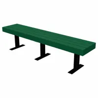 This outdoor bench features a vandal-resistant resinwood seat in green with a black powder-coated frame. It measures 48 inches in overall length and 17-1/4 inches in overall height. Suitable for parks, trails, and public spaces requiring durable, low-maintenance seating