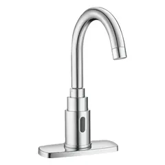Brass faucet with chrome finish, single-post design, plug-in connection, and back-check tee. Includes battery back-up with four AA alkaline batteries. Suitable for touch-free hand washing in commercial restrooms and similar high-traffic environments.