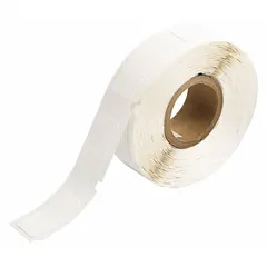 White vinyl wraparound label measuring 1 in x 1/2 in, designed for permanent identification of wires from 12 AWG to 10 AWG. Compatible with LS2000 printer series; requires R2000 ribbon for thermal transfer printing. Used for marking wires in electrical panels, control cabinets, and maintenance applications.