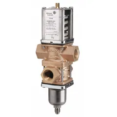 Three-way pressure-actuated water regulating valve with cast iron body, designed for R-410A refrigerant systems. Adjustable pressure range of 200 psi to 400 psi with maximum flow capacity of 44 gpm. Used to modulate condenser water flow based on refrigerant head pressure in refrigeration and air conditioning applications.