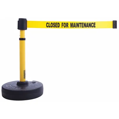 BANNER STAKES Barrier Post with Belt: Yellow, No Pattern, Closed for Maint, 15 ft Belt Lg - Message Retractable Belt Post Barriers
