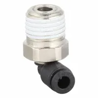 This nylon and nickel-plated brass elbow fitting features a push-to-connect design for 5/32 in OD tubing and a male NPT thread for 1/4 in pipe connections. It enables tool-free assembly in pneumatic systems, suitable for industrial automation, packaging, and material handling applications. Supplied in a 10-pack
