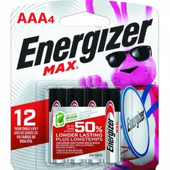 Premium alkaline AAA battery delivering 1.5V DC. Suitable for powering remote controls, flashlights, toys, and other portable electronics. Pack of 4.