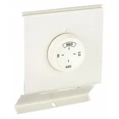 Mechanical selector dial thermostat for electric baseboard heaters. Unit-mount design installs directly on the heater. Two-pole switching at 120/277V AC. Control range 40° to 100°F. White housing.