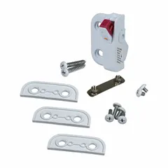 This left-hand window opening control device features dual-action operation for precise adjustment of ventilation or access panels. Made of plastic with a matte blue/white finish, it measures 1 11/16 inches in length and 1 inch in width. Suitable for use in commercial and industrial window systems.