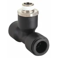 This nylon and nickel-plated brass tube fitting is configured as Tube x Tube x MBSPT in black. It connects 16 mm OD tubing to a 3/8 in male BSP threaded port, enabling branch connections in pneumatic or low-pressure fluid systems without tools