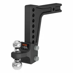 This CURT adjustable ball mount features dual ball diameters of 2 in and 2 5/16 in, allowing quick trailer leveling. Made from carbon steel with a powder-coated finish, it is vibration-resistant and includes weight distribution hardware. Compatible with a 2 in ball shank diameter, it is suitable for universal vehicle classes in towing applications.