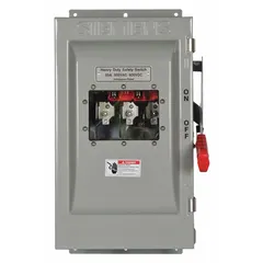 This Siemens fusible safety switch is rated for 60 A, three-phase, 600V AC, housed in a galvanized steel enclosure for indoor use. It is compatible with Crouse-Hinds Arktite plugs. Typical applications include providing a means to safely disconnect electrical power in industrial three-phase circuits.