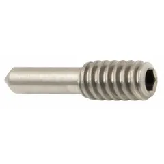 Stainless steel set screw for securing and adjusting components on wash fountains. Used in commercial restroom installations to maintain proper alignment of wash fountain assemblies.