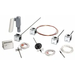 Duct-mounted temperature sensor with metal conduit box housing and stainless steel probe. Measures air temperature from 32°F to 158°F with ±0.34°F accuracy. Features terminal block electrical connection and is compatible with building automation systems for HVAC control.