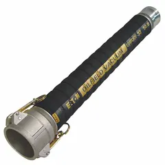 This hose assembly features a nitrile blend tube and corrugated synthetic rubber cover. Rated for 150 psi with a temperature range of -22° to 176°F. Suitable for suction and discharge of gasoline and other petroleum products in exploration and transfer applications.