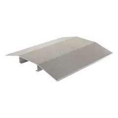 Silver aluminum cable ramp, 48 in long, 44 in wide, 4 3/8 in high, rated 2,100 lb per axle. Protects cables and hoses from vehicle traffic in industrial, construction, and event settings.