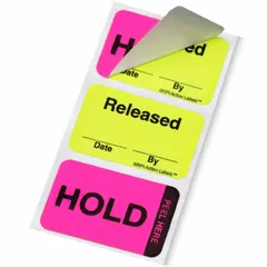 Paper label with green/pink color scheme and English text. Rectangular shape, 1 1/2 inches wide by 1 inch high. Pack of 250. Used for marking inspection status or quality control indicators on equipment, panels, or workspaces in industrial facilities.