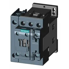 This Siemens IEC magnetic contactor is a non-reversing, 4-pole device with 2 normally open and 2 normally closed contacts. Rated at 25 A with a 24V AC coil, it is used for switching electrical loads in motor control, lighting, and power distribution applications. No integrated surge suppression.