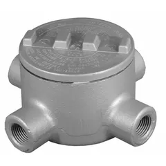 Iron conduit outlet body with round back and threaded female hubs for use with threaded IMC. X-style body includes a triple coat epoxy finish, grounding screw, and cover. UL Listed for hazardous locations: Class I, Division 1 and 2, Groups B, C, D; Class II, Division 1 and 2, Groups E, F, G; and Class III. Body capacity 31 cu in.