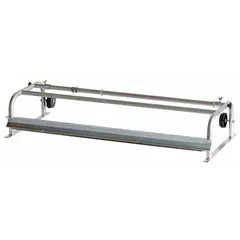 Freestanding horizontal masking dispenser made of aluminum, designed to hold one 12-inch roll of paper. Integrates a cutter for clean, precise cuts. Suitable for dispensing and cutting paper masking rolls in industrial painting, finishing, and surface preparation tasks.